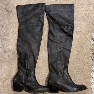 Black Over-the-Knee Leather Boots with Block Heel